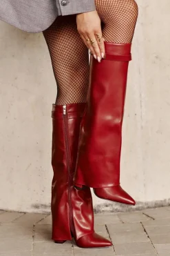 Kozaki Damskie Eko Skórzane Z Wywiniętą Cholewką Na Słupku Bordowe Avamora