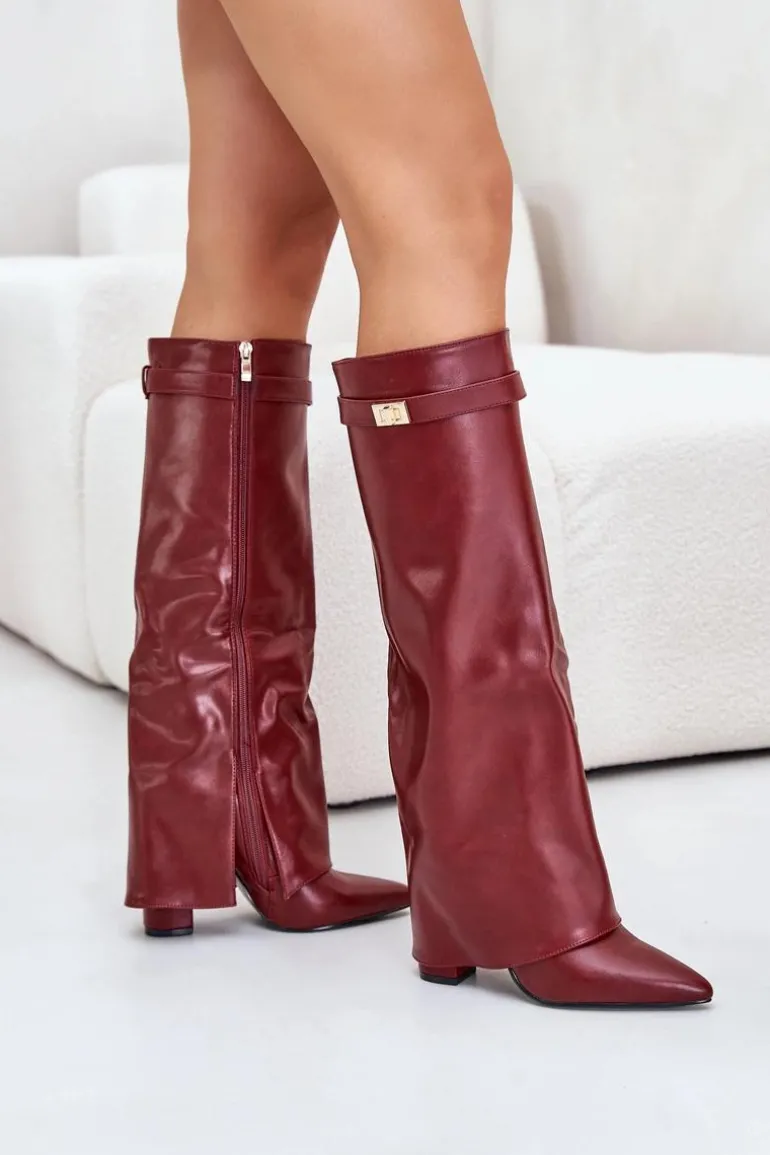Kozaki Damskie Eko Skórzane Z Wywiniętą Cholewką Na Słupku Bordowe Avamora