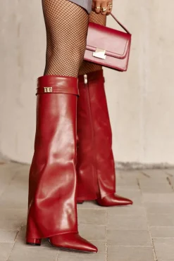 Kozaki Damskie Eko Skórzane Z Wywiniętą Cholewką Na Słupku Bordowe Avamora