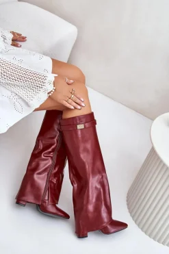 Kozaki Damskie Eko Skórzane Z Wywiniętą Cholewką Na Słupku Bordowe Avamora