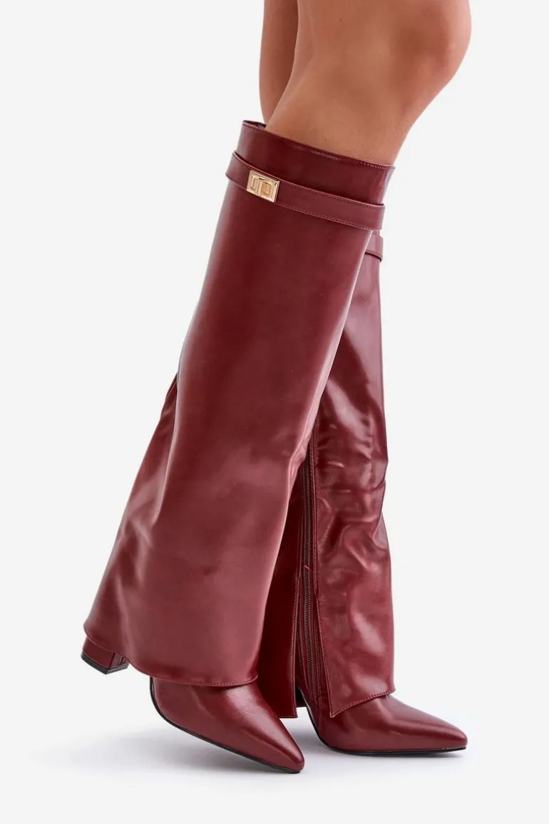 Kozaki Damskie Eko Skórzane Z Wywiniętą Cholewką Na Słupku Bordowe Avamora