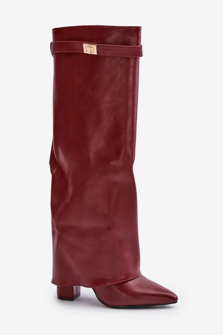 Kozaki Damskie Eko Skórzane Z Wywiniętą Cholewką Na Słupku Bordowe Avamora