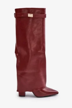 Kozaki Damskie Eko Skórzane Z Wywiniętą Cholewką Na Słupku Bordowe Avamora