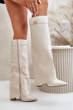 Kozaki Damskie Eko Skórzane Z Wywiniętą Cholewką Na Słupku Jasnobeżowe Avamora