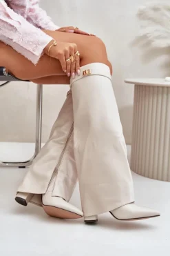 Kozaki Damskie Eko Skórzane Z Wywiniętą Cholewką Na Słupku Jasnobeżowe Avamora