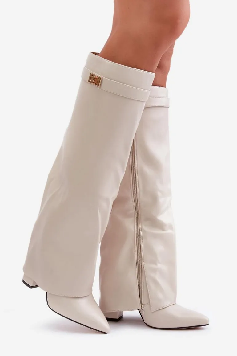 Kozaki Damskie Eko Skórzane Z Wywiniętą Cholewką Na Słupku Jasnobeżowe Avamora