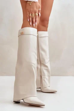 Kozaki Damskie Eko Skórzane Z Wywiniętą Cholewką Na Słupku Jasnobeżowe Avamora