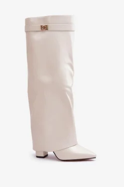 Kozaki Damskie Eko Skórzane Z Wywiniętą Cholewką Na Słupku Jasnobeżowe Avamora