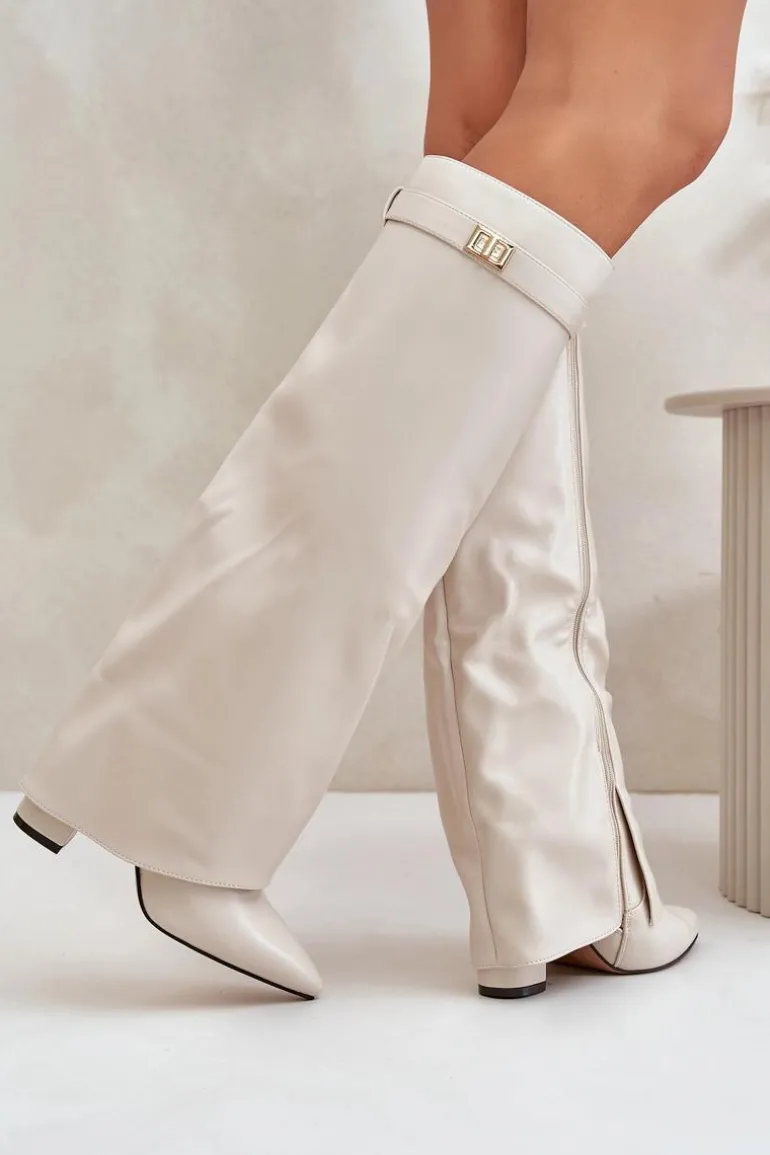 Kozaki Damskie Eko Skórzane Z Wywiniętą Cholewką Na Słupku Jasnobeżowe Avamora