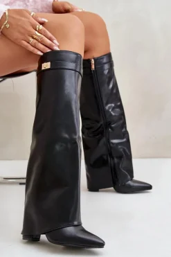 Kozaki Damskie Eko Skórzane Z Wywiniętą Cholewką Na Słupku Czarne Avamora