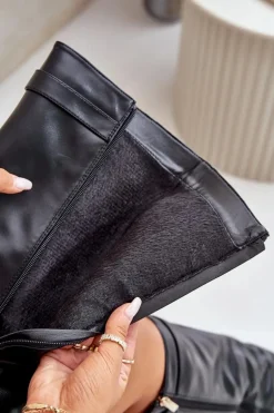 Kozaki Damskie Eko Skórzane Z Wywiniętą Cholewką Na Słupku Czarne Avamora