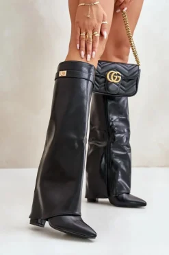 Kozaki Damskie Eko Skórzane Z Wywiniętą Cholewką Na Słupku Czarne Avamora