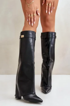 Kozaki Damskie Eko Skórzane Z Wywiniętą Cholewką Na Słupku Czarne Avamora