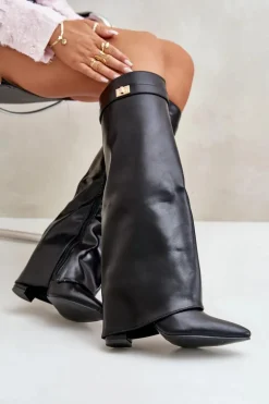 Kozaki Damskie Eko Skórzane Z Wywiniętą Cholewką Na Słupku Czarne Avamora