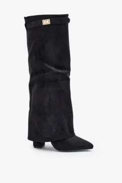 Kozaki Damskie Eko Zamszowe Z Wywiniętą Cholewką Na Słupku Czarne Bralise