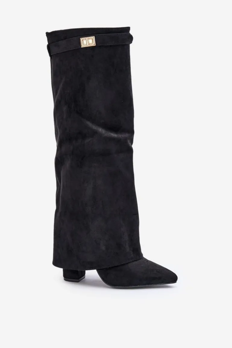 Kozaki Damskie Eko Zamszowe Z Wywiniętą Cholewką Na Słupku Czarne Bralise