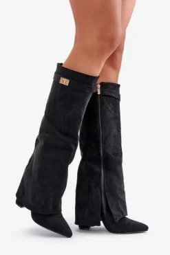 Kozaki Damskie Eko Zamszowe Z Wywiniętą Cholewką Na Słupku Czarne Bralise