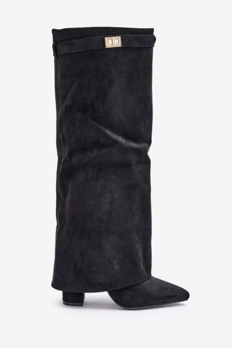 Kozaki Damskie Eko Zamszowe Z Wywiniętą Cholewką Na Słupku Czarne Bralise
