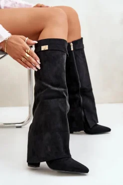 Kozaki Damskie Eko Zamszowe Z Wywiniętą Cholewką Na Słupku Czarne Bralise