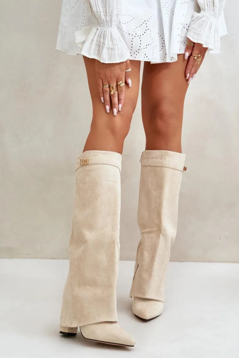 Kozaki Damskie Eko Zamszowe Z Wywiniętą Cholewką Na Słupku Beżowe Bralise