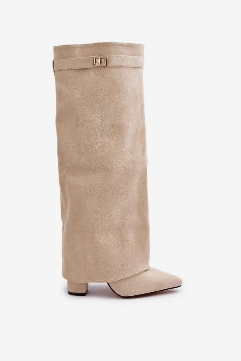 Kozaki Damskie Eko Zamszowe Z Wywiniętą Cholewką Na Słupku Beżowe Bralise