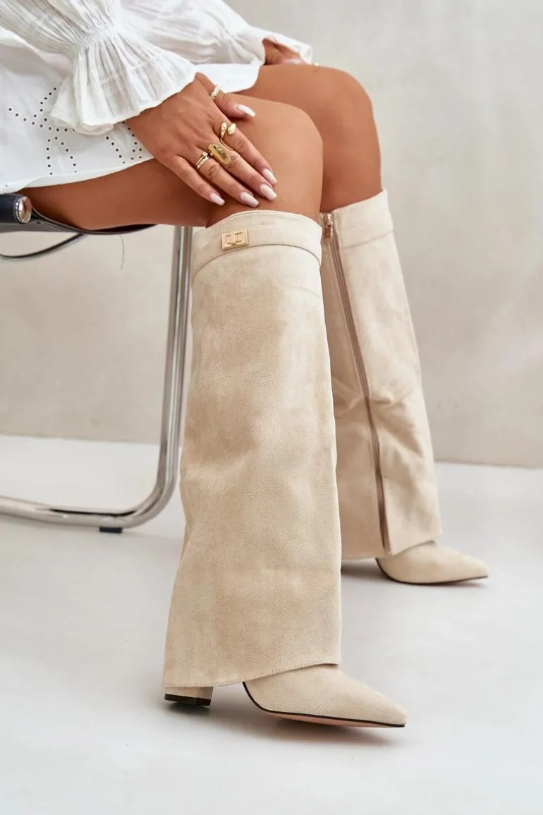 Kozaki Damskie Eko Zamszowe Z Wywiniętą Cholewką Na Słupku Beżowe Bralise