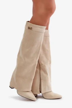 Kozaki Damskie Eko Zamszowe Z Wywiniętą Cholewką Na Słupku Beżowe Bralise