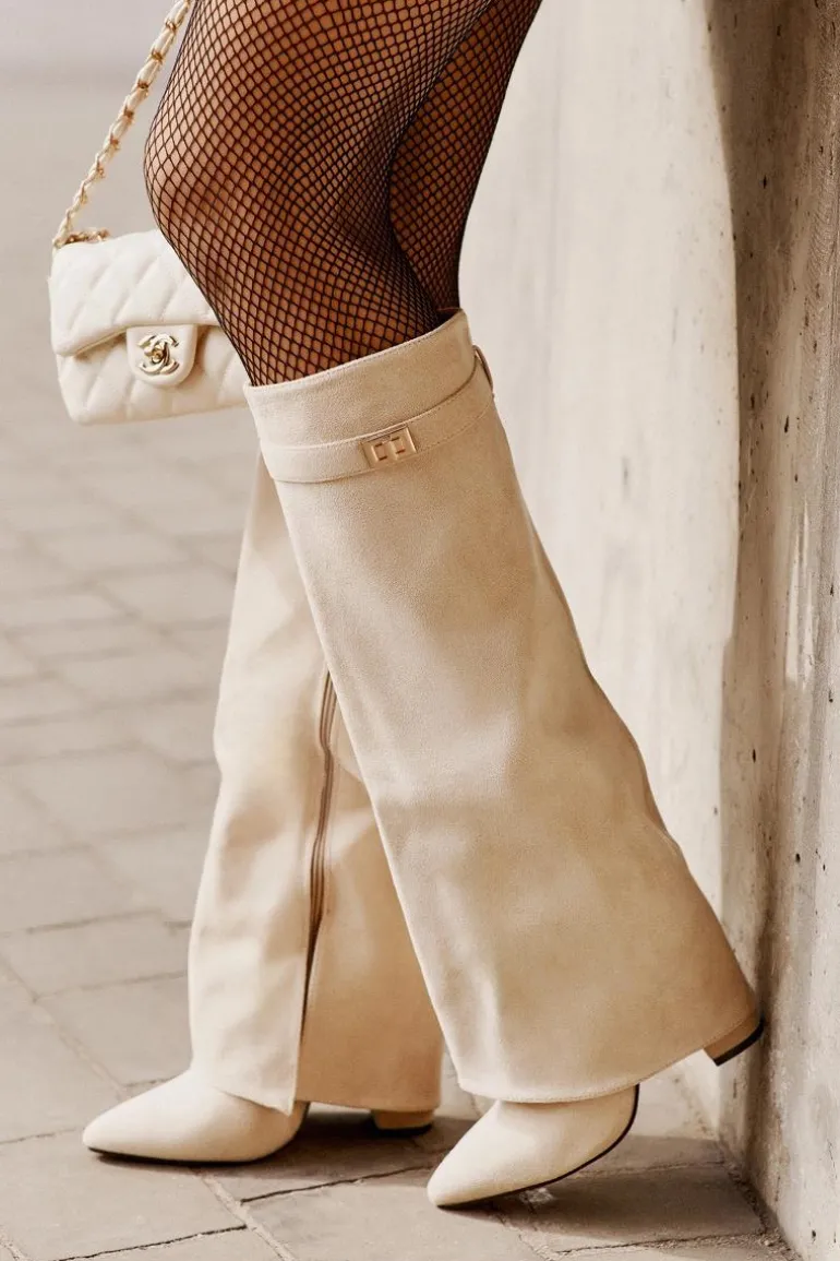 Kozaki Damskie Eko Zamszowe Z Wywiniętą Cholewką Na Słupku Beżowe Bralise