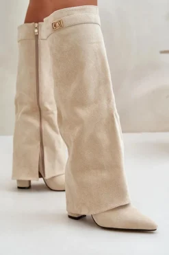 Kozaki Damskie Eko Zamszowe Z Wywiniętą Cholewką Na Słupku Beżowe Bralise