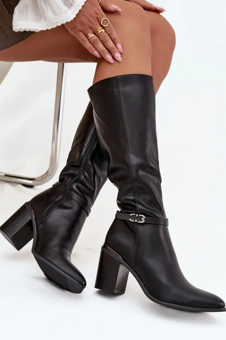 Kozaki Damskie Muszkieterki Ocieplane Na Słupku Z Klamrą Sergio Leone KZ25738 Czarne