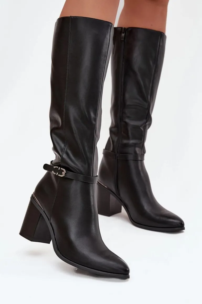 Kozaki Damskie Muszkieterki Ocieplane Na Słupku Z Klamrą Sergio Leone KZ25738 Czarne