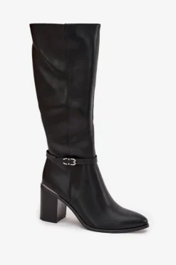 Kozaki Damskie Muszkieterki Ocieplane Na Słupku Z Klamrą Sergio Leone KZ25738 Czarne