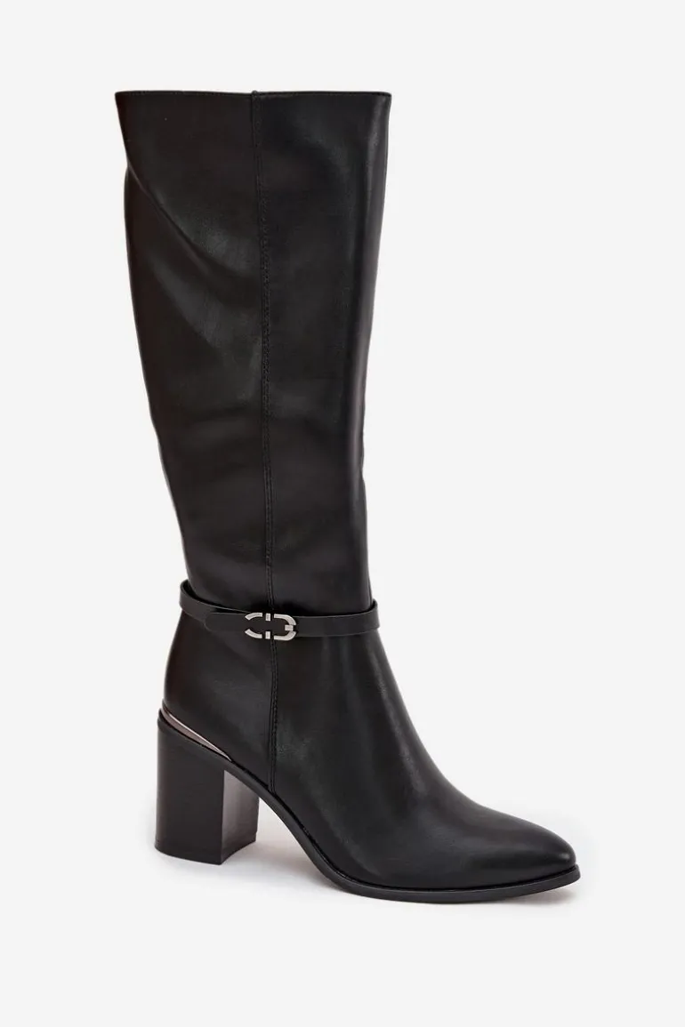 Kozaki Damskie Muszkieterki Ocieplane Na Słupku Z Klamrą Sergio Leone KZ25738 Czarne