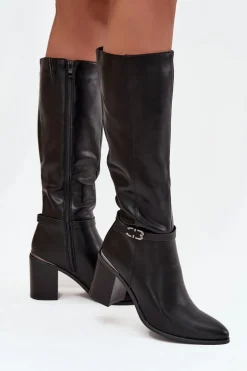 Kozaki Damskie Muszkieterki Ocieplane Na Słupku Z Klamrą Sergio Leone KZ25738 Czarne