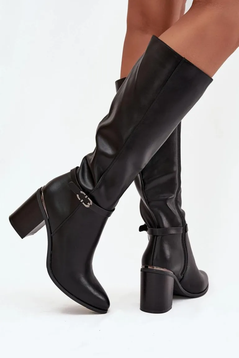 Kozaki Damskie Muszkieterki Ocieplane Na Słupku Z Klamrą Sergio Leone KZ25738 Czarne