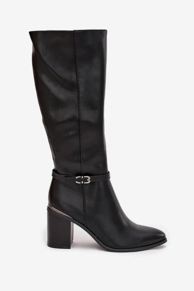 Kozaki Damskie Muszkieterki Ocieplane Na Słupku Z Klamrą Sergio Leone KZ25738 Czarne