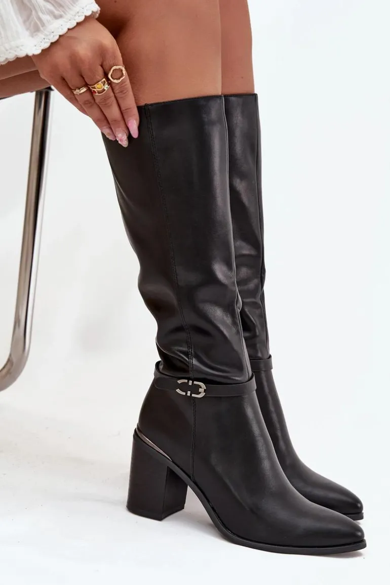 Kozaki Damskie Muszkieterki Ocieplane Na Słupku Z Klamrą Sergio Leone KZ25738 Czarne