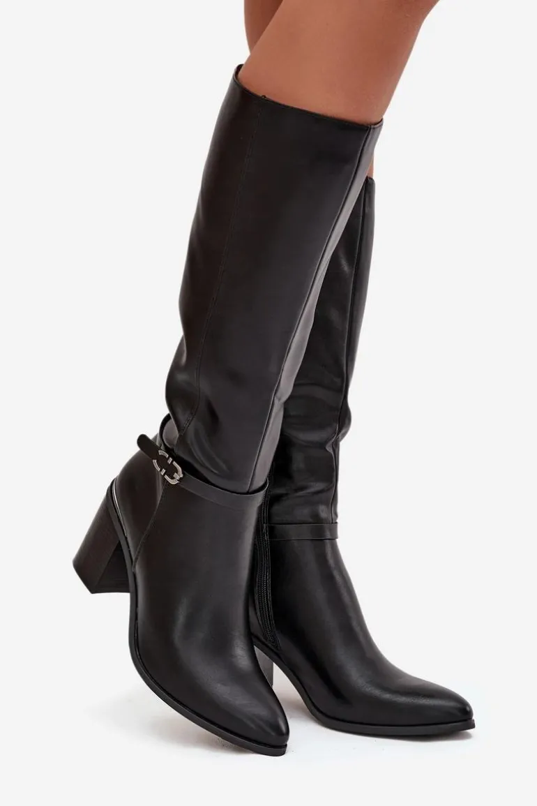 Kozaki Damskie Muszkieterki Ocieplane Na Słupku Z Klamrą Sergio Leone KZ25738 Czarne