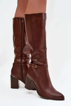 Kozaki Damskie Muszkieterki Ocieplane Na Słupku Z Klamrą Sergio Leone KZ25738 Brązowe