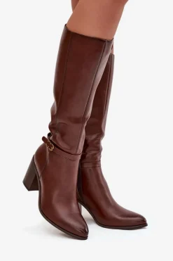 Kozaki Damskie Muszkieterki Ocieplane Na Słupku Z Klamrą Sergio Leone KZ25738 Brązowe