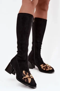 Kozaki Damskie Na Klocku Z Ozdobną Kokardą D&A JC52-828 Czarne