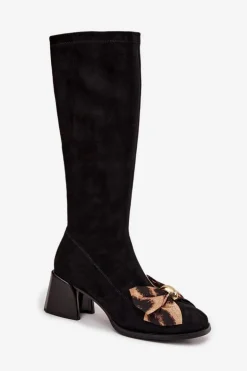 Kozaki Damskie Na Klocku Z Ozdobną Kokardą D&A JC52-828 Czarne