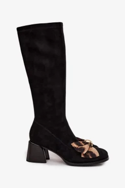 Kozaki Damskie Na Klocku Z Ozdobną Kokardą D&A JC52-828 Czarne