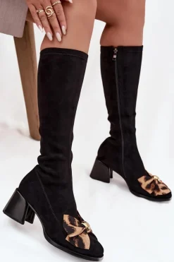 Kozaki Damskie Na Klocku Z Ozdobną Kokardą D&A JC52-828 Czarne