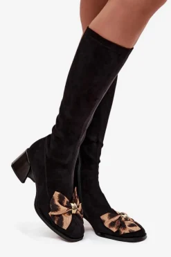 Kozaki Damskie Na Klocku Z Ozdobną Kokardą D&A JC52-828 Czarne