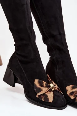 Kozaki Damskie Na Klocku Z Ozdobną Kokardą D&A JC52-828 Czarne