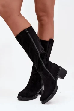 Kozaki Damskie Na Klocku Eko Zamszowe Czarne Darisse