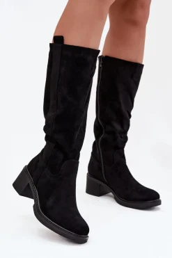 Kozaki Damskie Na Klocku Eko Zamszowe Czarne Darisse