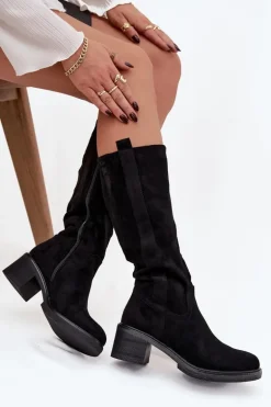 Kozaki Damskie Na Klocku Eko Zamszowe Czarne Darisse