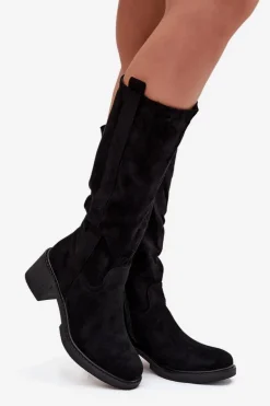 Kozaki Damskie Na Klocku Eko Zamszowe Czarne Darisse